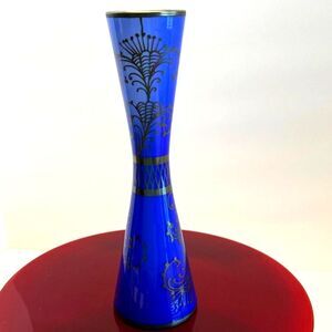 Vintage Cobalt Blue Glass Vase 12" Silver Overlay Mid Century Trumpet Bohemian